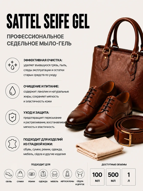 Vlotho SATTEL SEIFE GEL Натуральное седельное мыло для кожи питающее 1 л с помпа дозатором