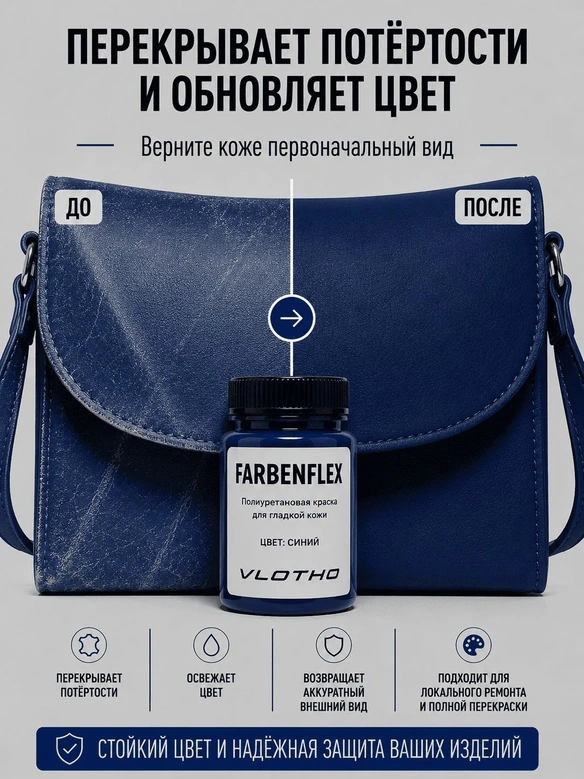 Vlotho FARBENFLEX Покрывная полиуретановая краска для мягкой кожи полуглянцевая синий 55 мл