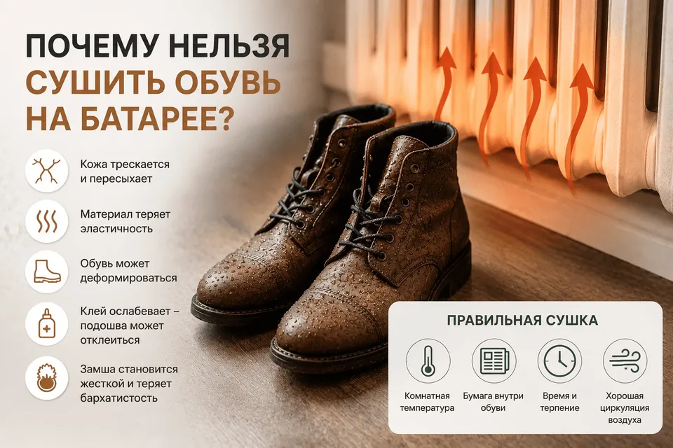 Почему нельзя сушить обувь на батарее?