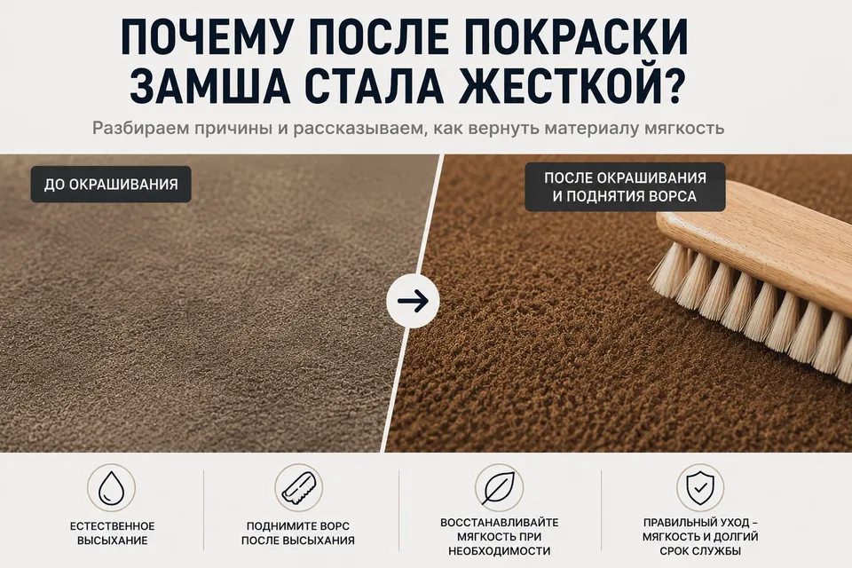 После покраски замша стала жесткой. Почему это происходит и как вернуть ей мягкость?