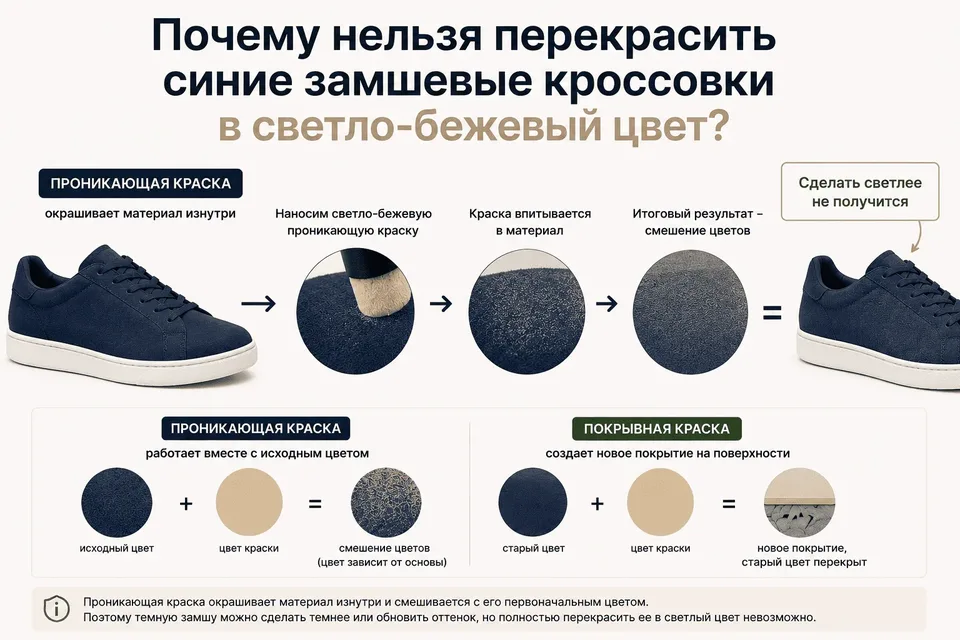 Почему нельзя перекрасить синие замшевые кроссовки в светло-бежевый цвет?