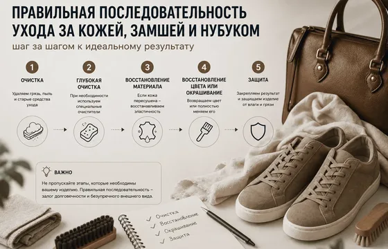 В какой последовательности использовать средства для кожи, замши или нубука?