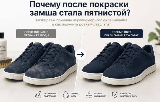 Почему после покраски замша стала пятнистой?