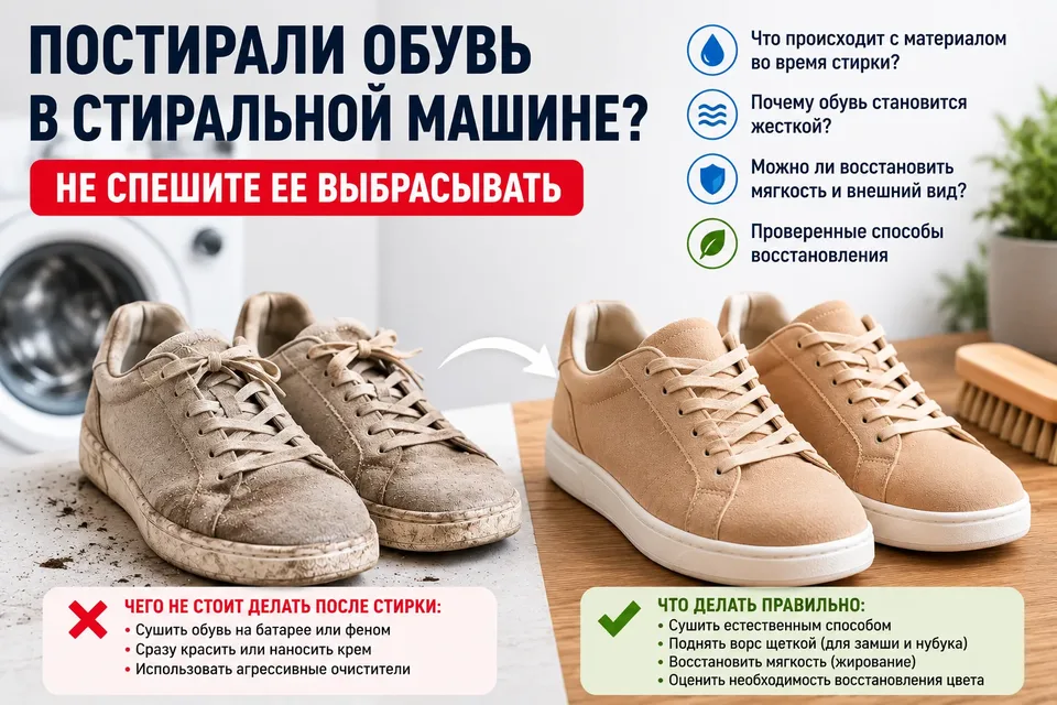 Постирали кожаную или замшевую обувь в стиральной машине? Не спешите ее выбрасывать